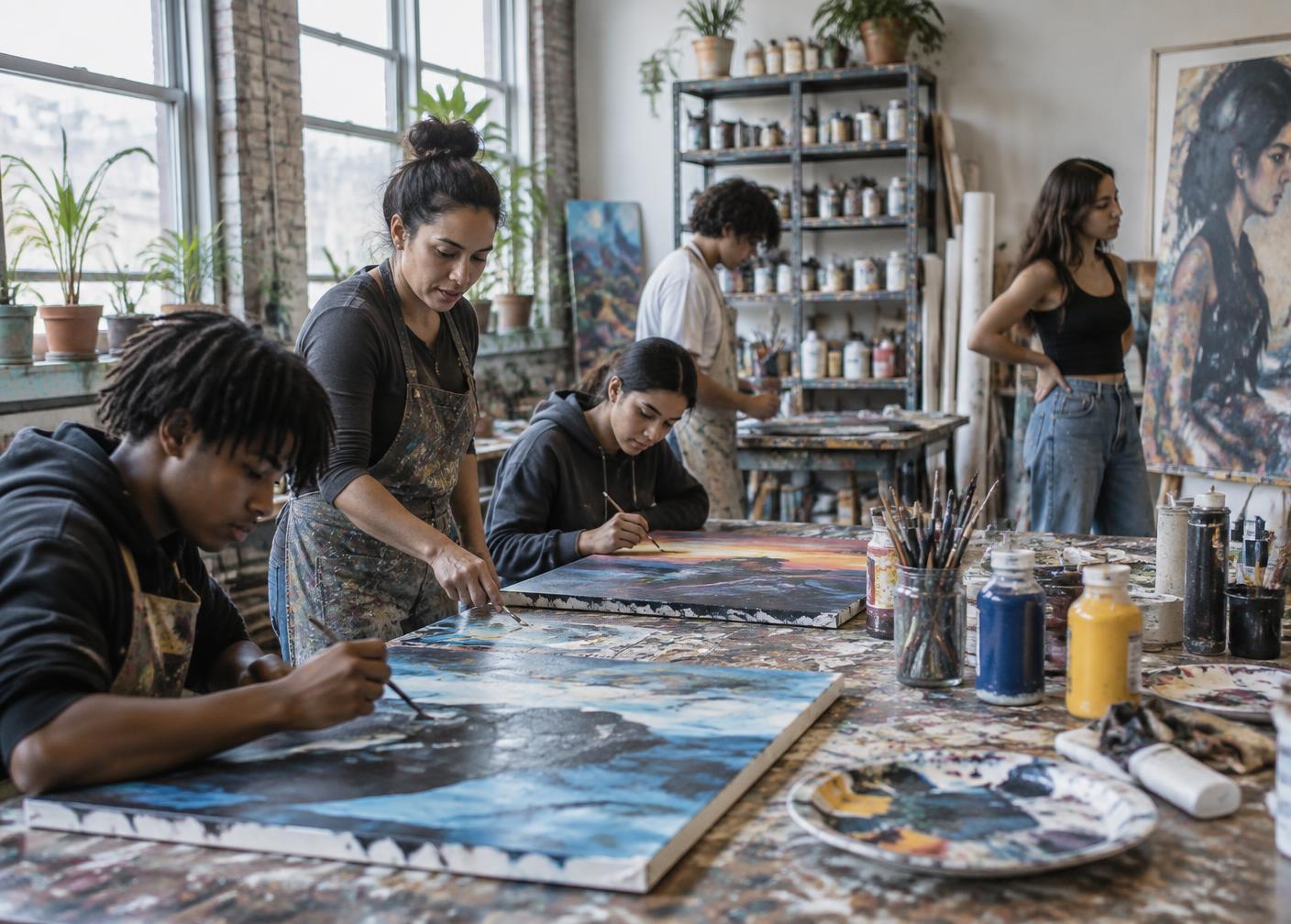 A teaching artist and young painters working on canvases in a storefront art studio