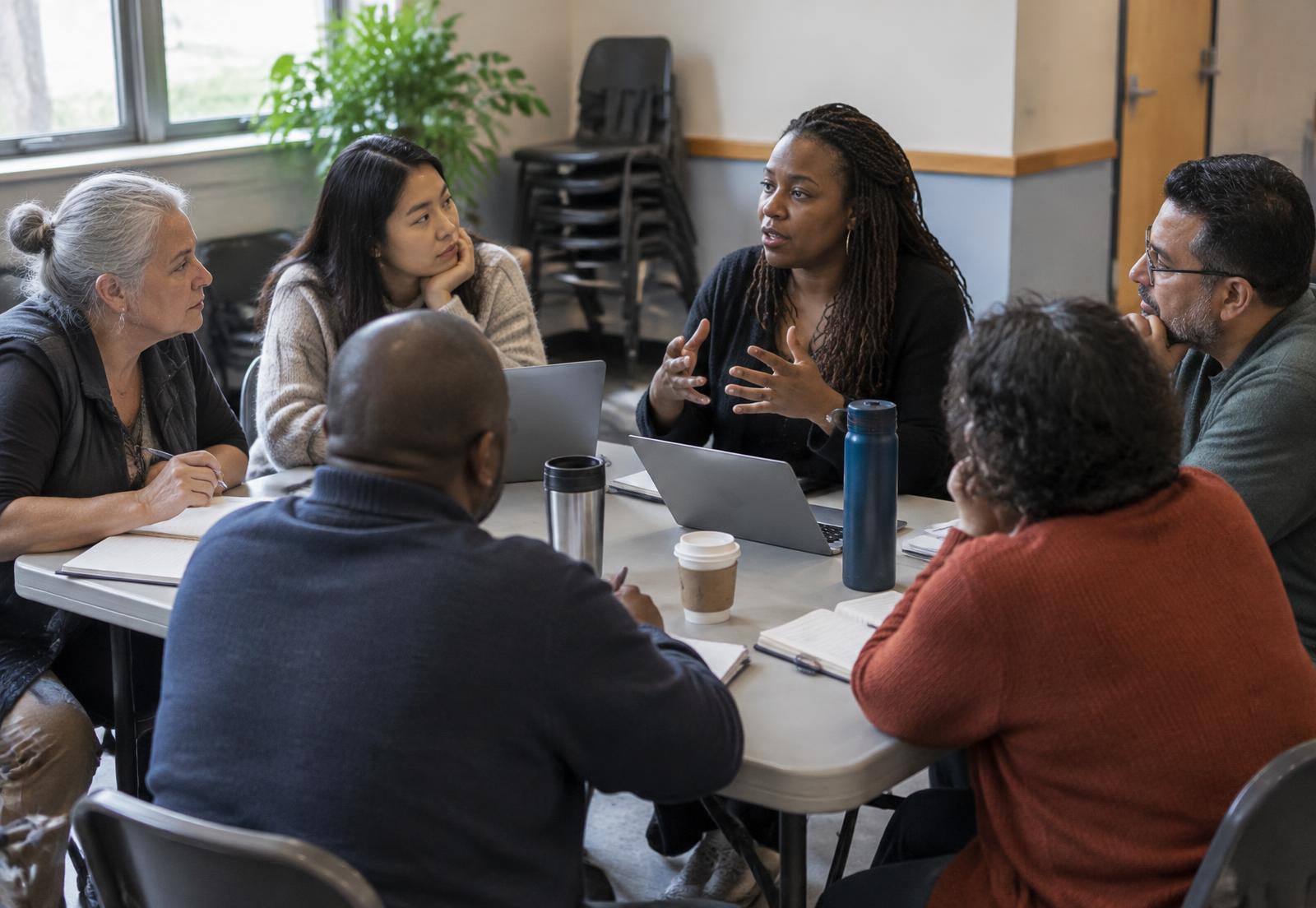 Community nonprofit leaders talking together in a warmly lit community center