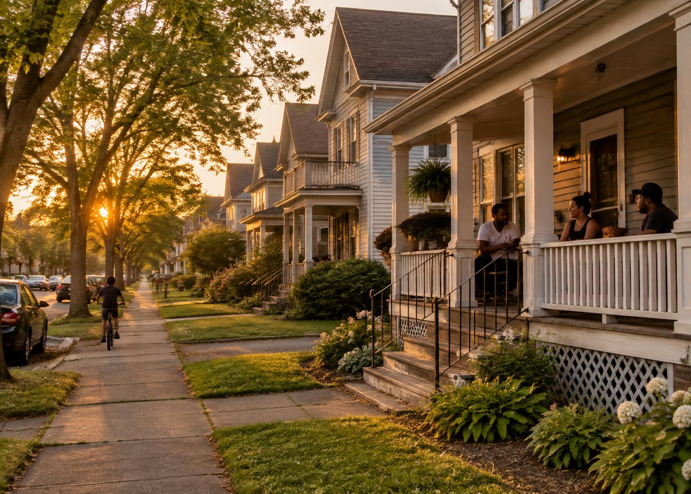 A tree-lined residential street in an upstate New York city at golden hour