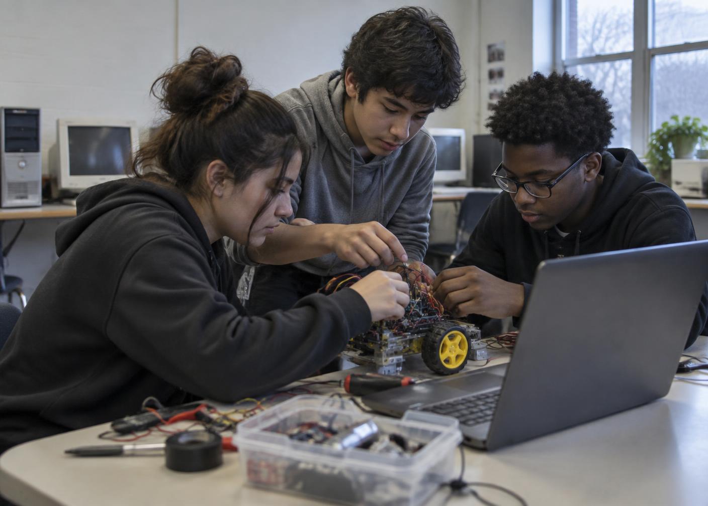 Three high school students building a robot together in a community center computer room